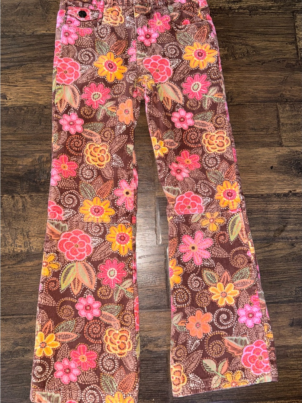 Garnet Hill Girls Floral Corduroy Bell-Bottoms in Brown, Pink & Yellow